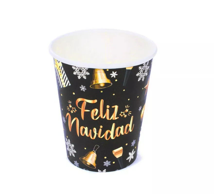Translation missing: fr.12 Vasos Negros y Dorados de papel de Feliz Navidad de 270 ml