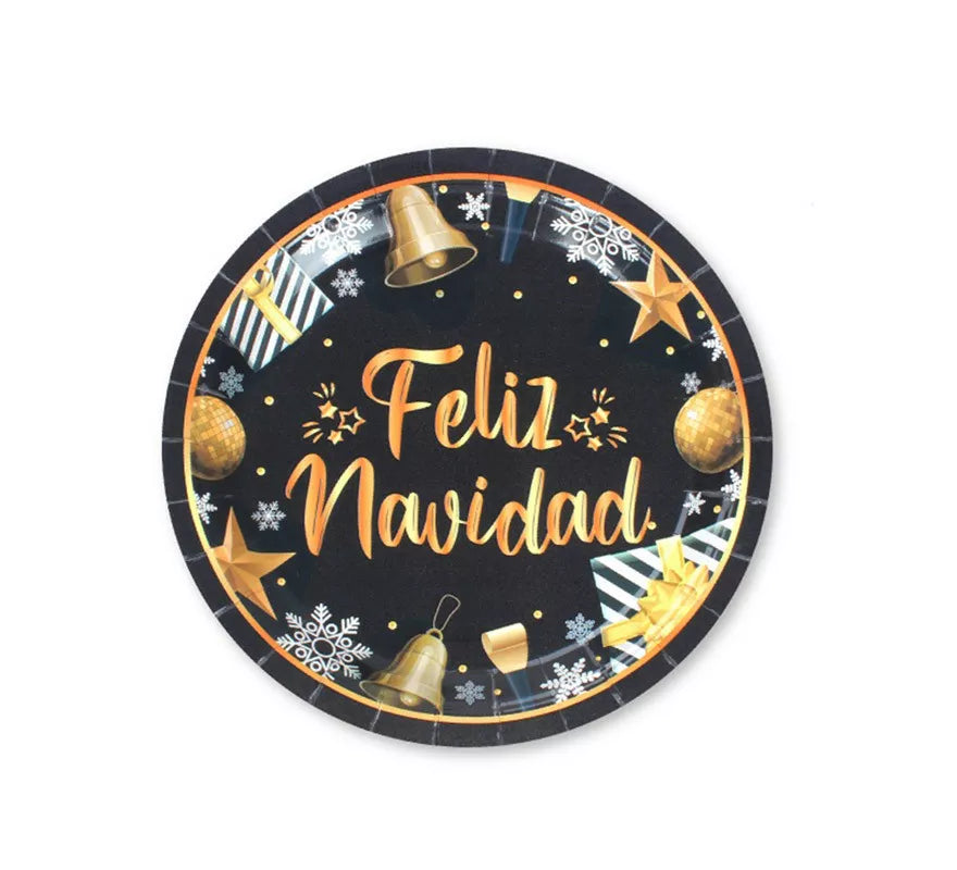 Translation missing: fr.6 Platos de papel Negros y Dorados de Feliz Navidad de 18 cm