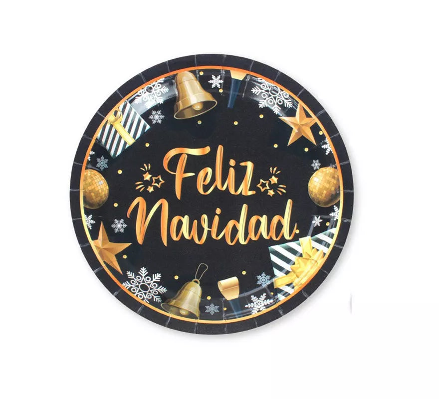 Translation missing: fr.6 Platos de papel Negros y Dorados de Feliz Navidad de 23 cm