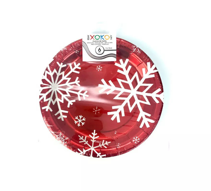 Translation missing: fr.6 Platos de papel Rojo con Copos de Nieve de 18 cm