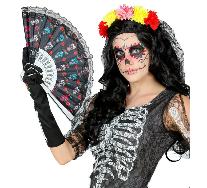 Translation missing: fr.Abanico de Tela Día de Los Muertos Catrina de 23 cm