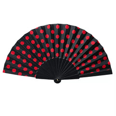 Éventail Sevillana ou Chulapa noir à pois rouges en plastique, 43 cm
