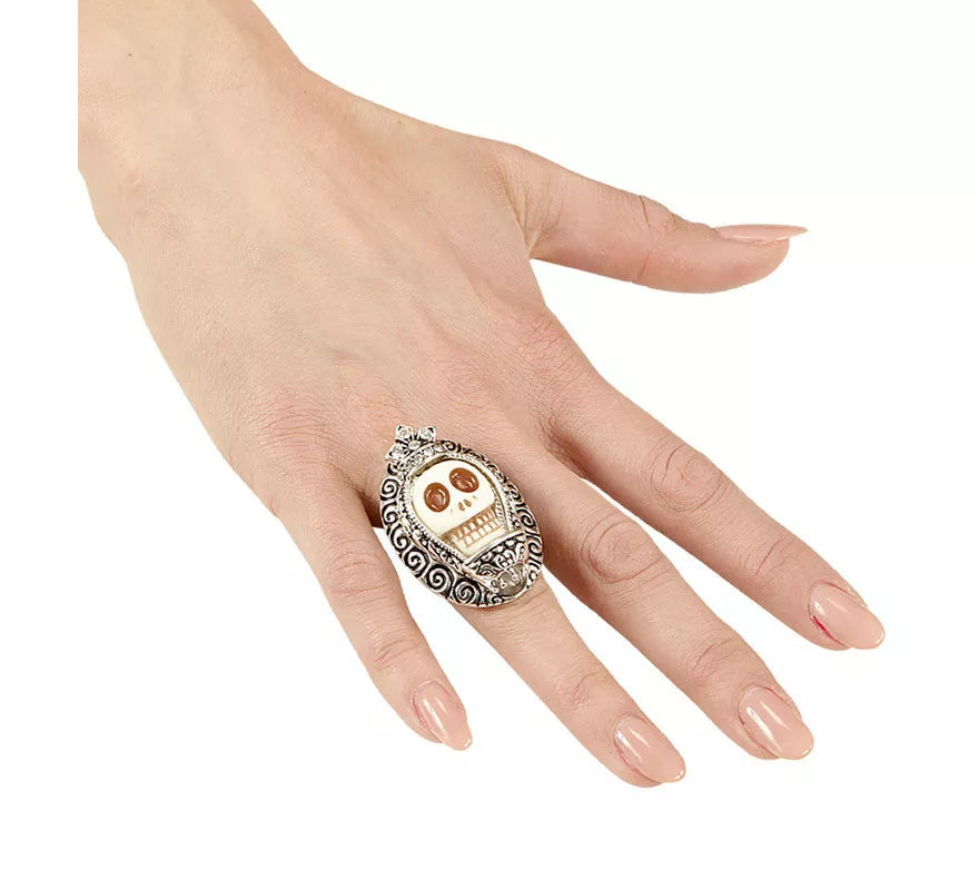 Translation missing: fr.Anillo Plateado con Calavera Blanca y Pedrería