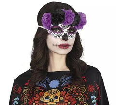 Masque Catrina Lilas et fleurs noires