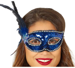 Masque à paillettes bleu avec plumes
