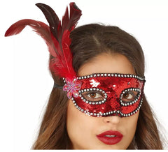 Masque à paillettes rouge avec plumes