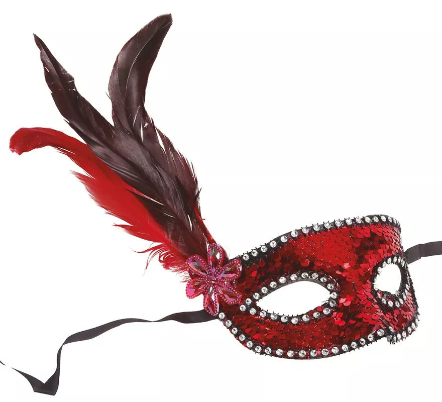 Translation missing: fr.Antifaz de Lentejuelas Rojo con Plumas