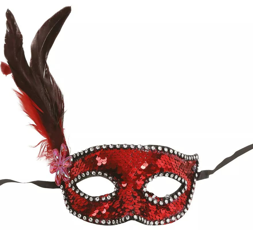 Translation missing: fr.Antifaz de Lentejuelas Rojo con Plumas