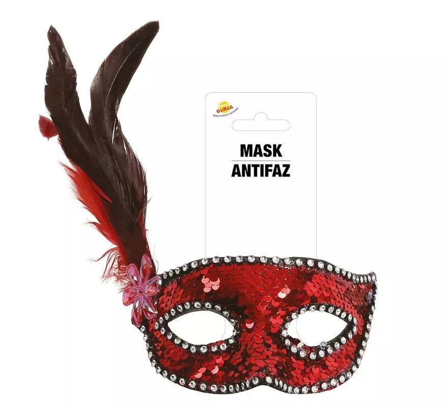 Translation missing: fr.Antifaz de Lentejuelas Rojo con Plumas