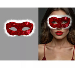 Masque de Mère Noël à paillettes rouges et cheveux blancs