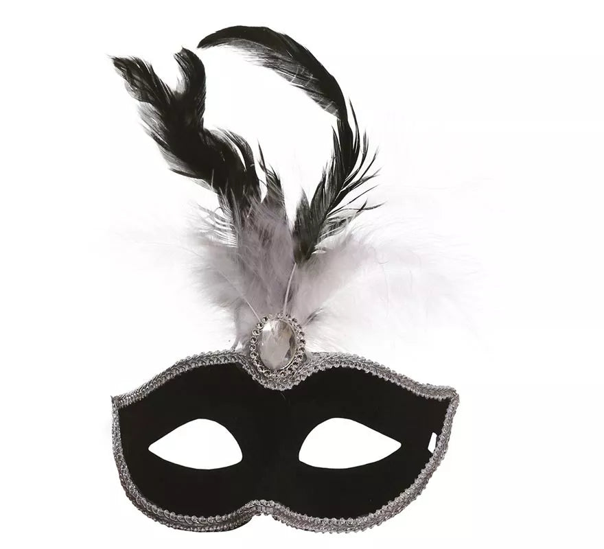 Antifaz de Terciopelo Negro con Plumas
