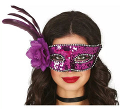 Masque adulte à paillettes lilas avec plume