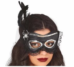 Masque noir avec araignée et plume