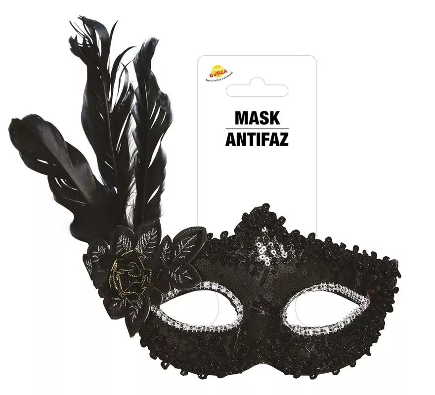 Translation missing: fr.Antifaz Negro con Flor y Plumas