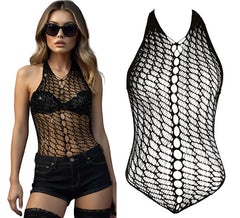 Body en résille noire pour femme avec strass