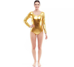 Body ou maillot doré métallisé à manches longues pour femme