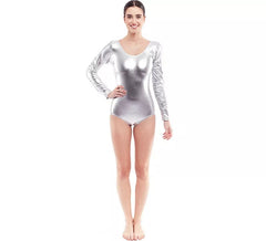 Body ou maillot argenté à manches longues pour femme