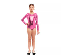Body ou maillot rose métallisé manches longues pour fille