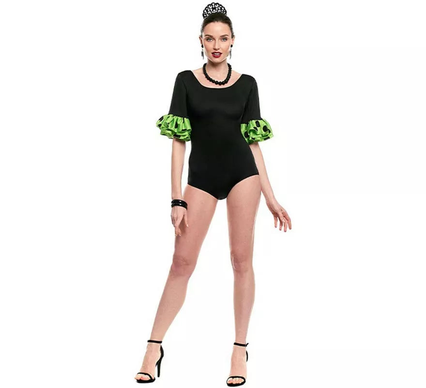 Translation missing: fr.Body o maillot Sevillana con Volante Lunar negro y verde para mujer
