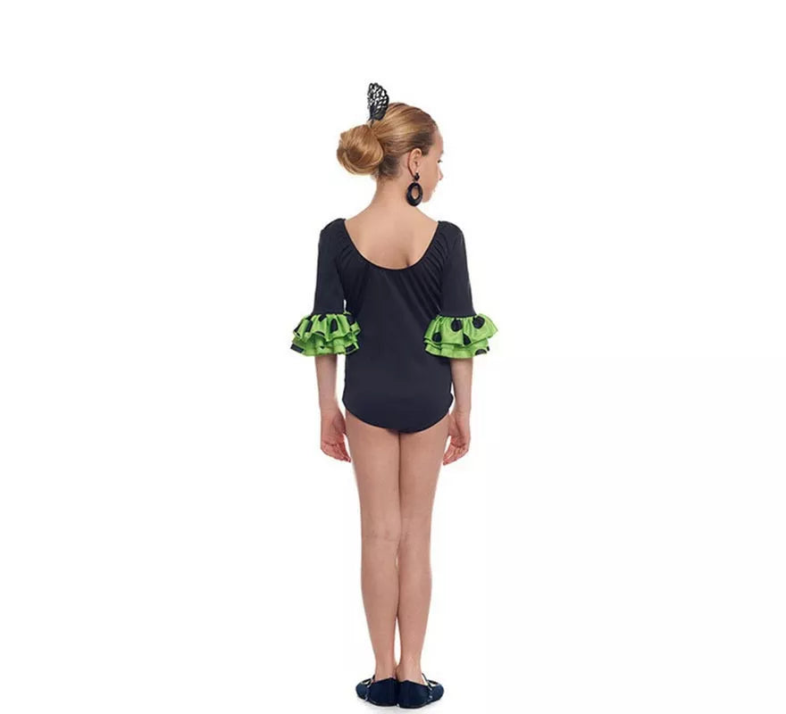 Translation missing: fr.Body o maillot Sevillana con Volante Lunar negro y verde para niña