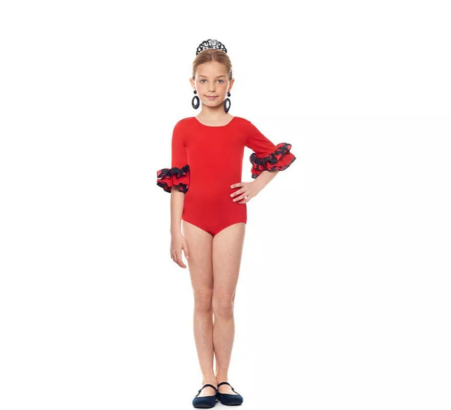 Translation missing: fr.Body o maillot Sevillana con Volante Lunar rojo para niña
