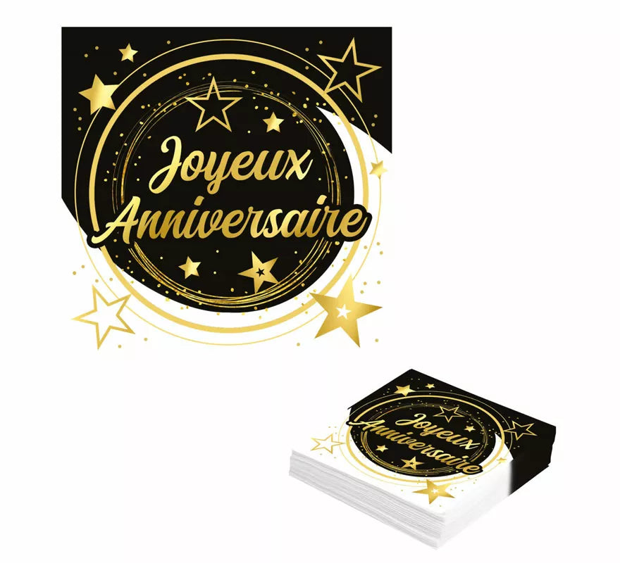 Translation missing: fr.Bolsa de 12 Servilletas Joyeux Anniversaire de 33X33 cms