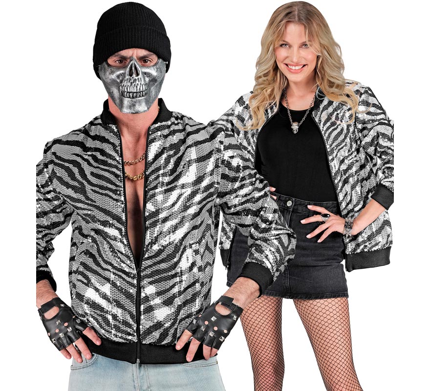 Translation missing: fr.Bomber Moda a rayas plateado con lentejuelas para adulto