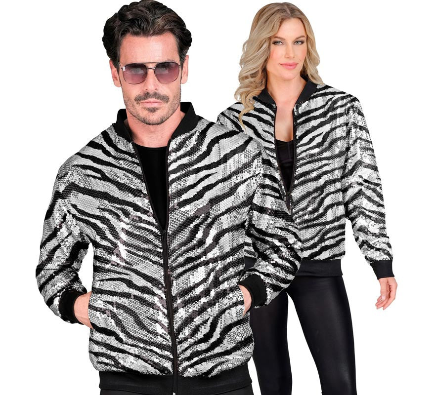 Translation missing: fr.Bomber Moda a rayas plateado con lentejuelas para adulto
