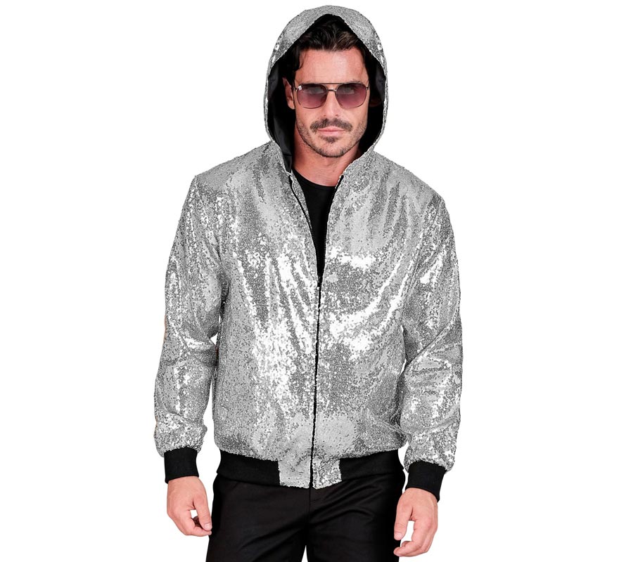Translation missing: fr.Bomber Moda plateado con capucha y lentejuelas para adulto