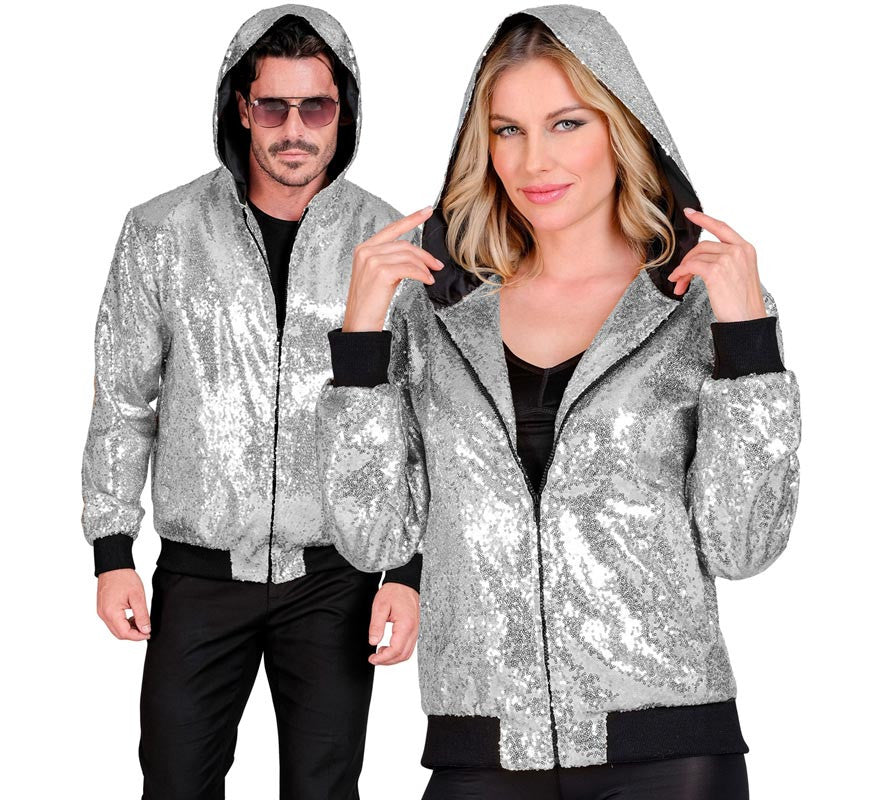 Translation missing: fr.Bomber Moda plateado con capucha y lentejuelas para adulto