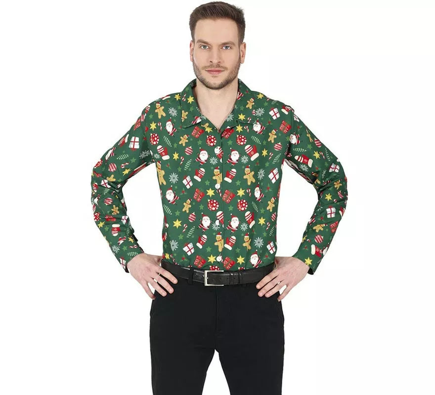 Translation missing: fr.Camisa de Navideña verde estampado para hombre