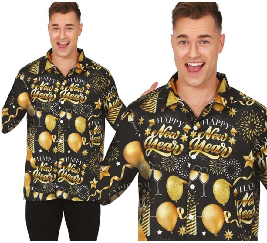 Translation missing: fr.Camisa Happy New Year negro estampado adulto