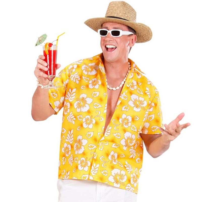 Translation missing: fr.Camisa manga corta Hawaiana con Flores amarilla para hombre
