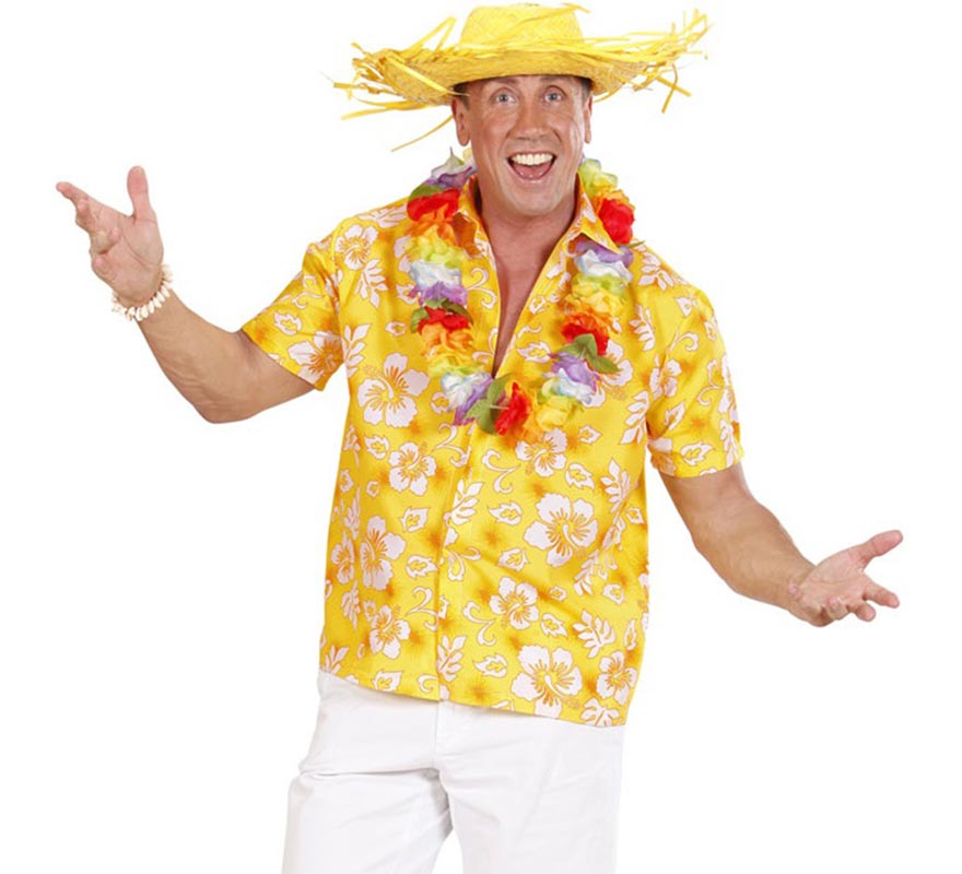 Translation missing: fr.Camisa manga corta Hawaiana con Flores amarilla para hombre