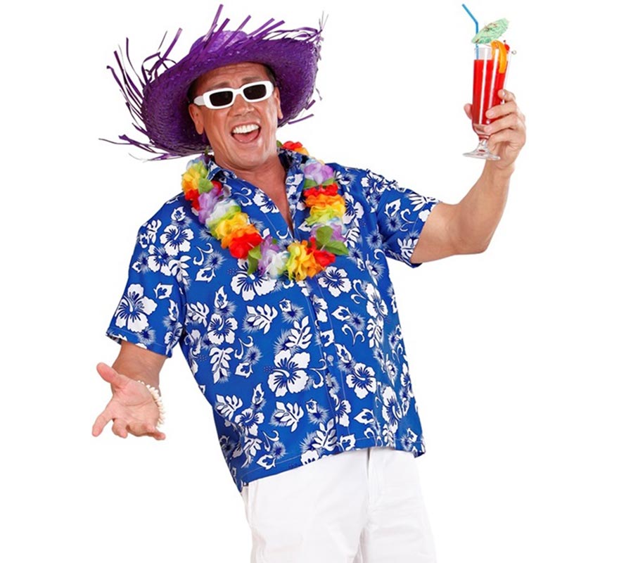 Translation missing: fr.Camisa manga corta Hawaiana con Flores azul para hombre