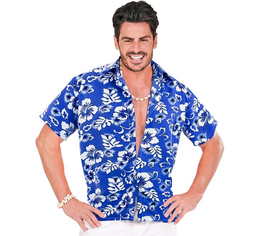 Translation missing: fr.Camisa manga corta Hawaiana con Flores azul para hombre