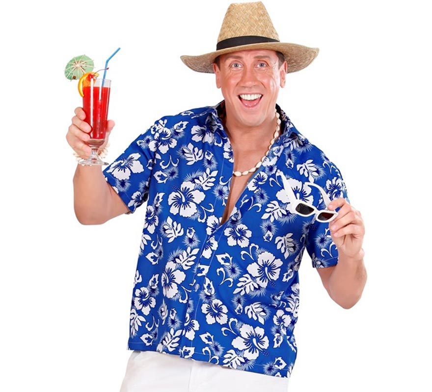 Translation missing: fr.Camisa manga corta Hawaiana con Flores azul para hombre