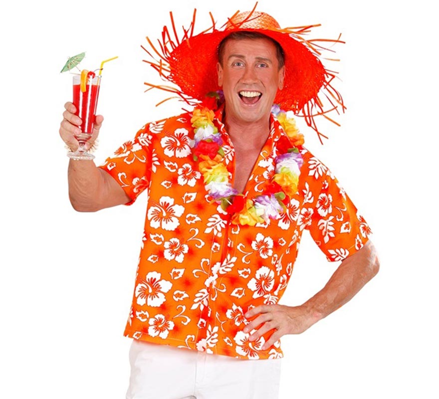Translation missing: fr.Camisa manga corta Hawaiana con Flores naranja para hombre