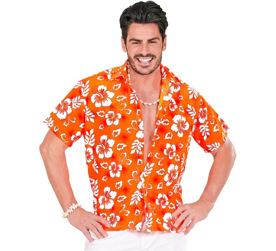 Translation missing: fr.Camisa manga corta Hawaiana con Flores naranja para hombre