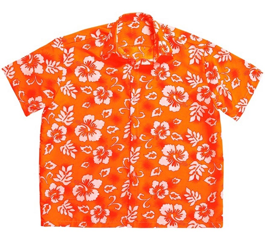Translation missing: fr.Camisa manga corta Hawaiana con Flores naranja para hombre