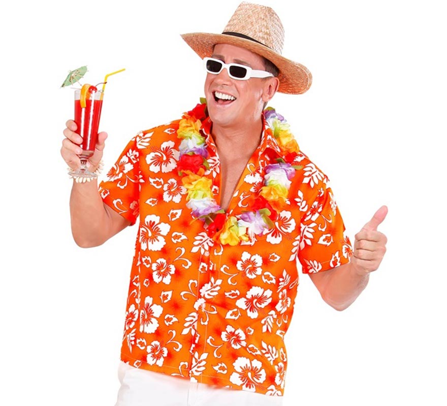 Translation missing: fr.Camisa manga corta Hawaiana con Flores naranja para hombre
