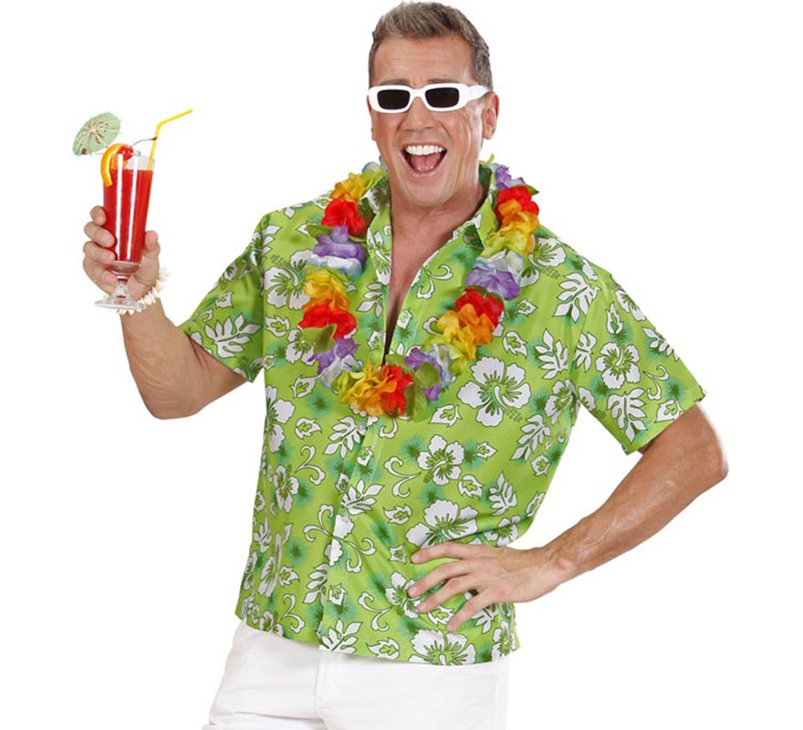 Translation missing: fr.Camisa manga corta Hawaiana con Flores verde para hombre