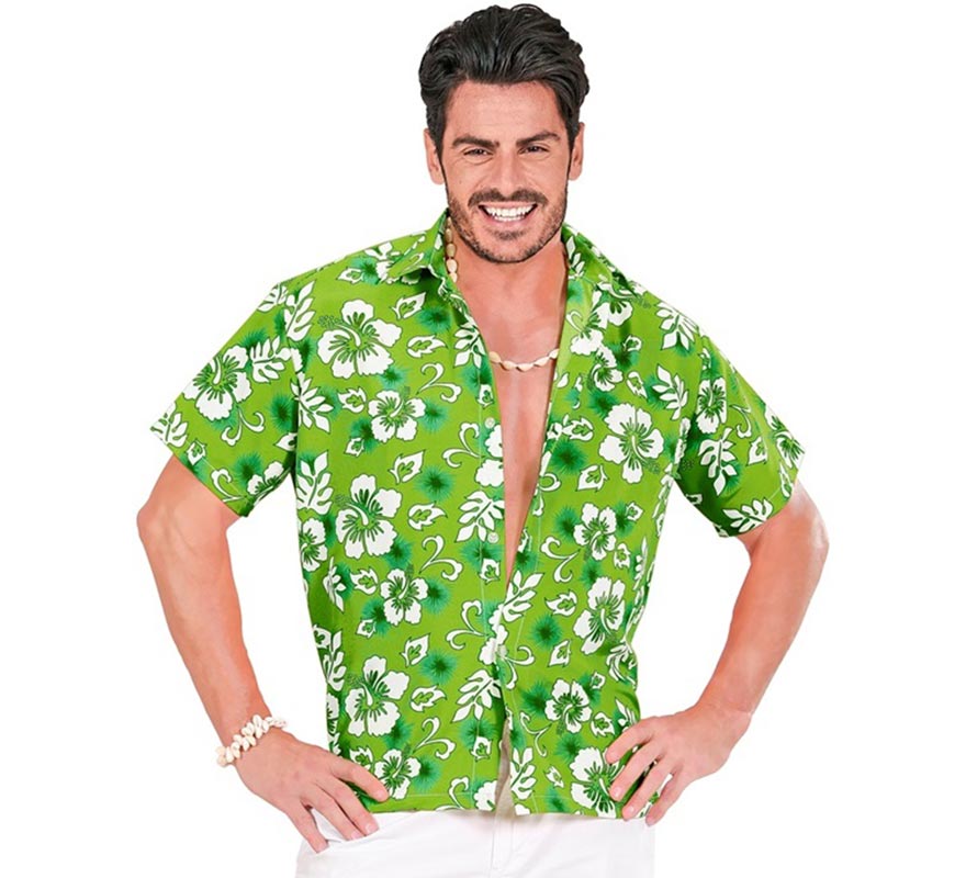 Translation missing: fr.Camisa manga corta Hawaiana con Flores verde para hombre