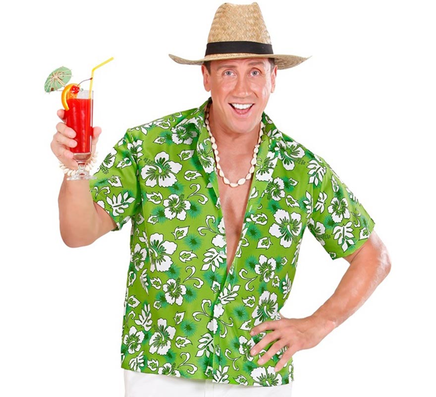 Camisa manga corta Hawaiana con Flores verde para hombre