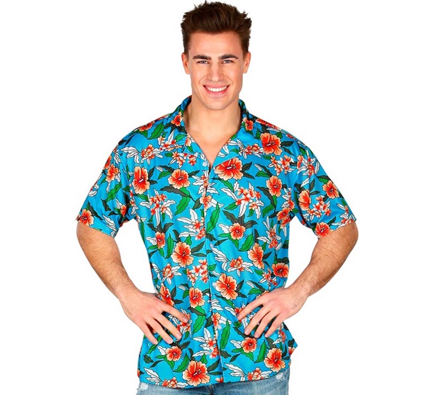 Translation missing: fr.Camisa manga corta Hawaiana Estampada azul para hombre