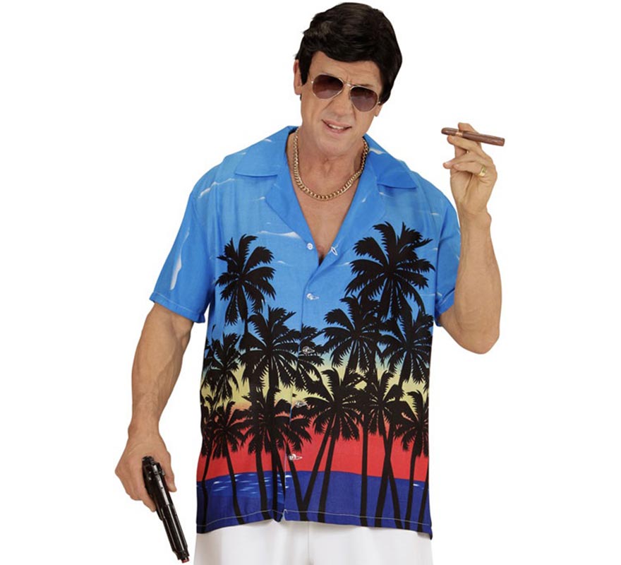 Translation missing: fr.Camisa manga corta Hawaiana Palm Beach azul para hombre
