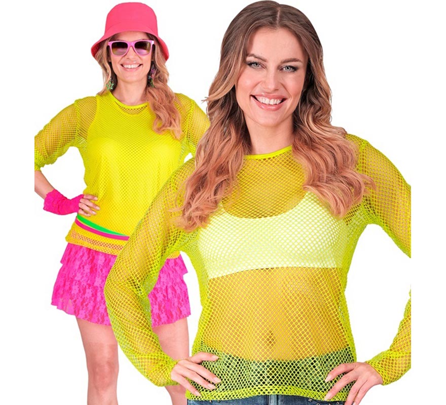 Camiseta manga larga de Malla amarilla neón para mujer
