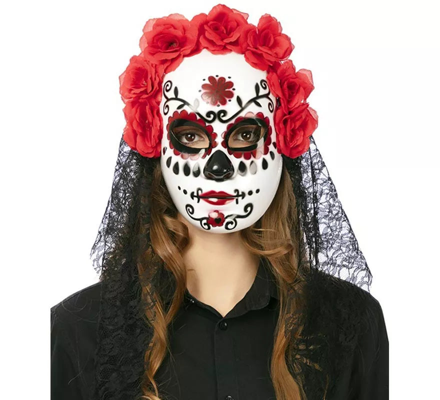Translation missing: fr.Careta Catrina con flores y velo adulto de 27x24 cm