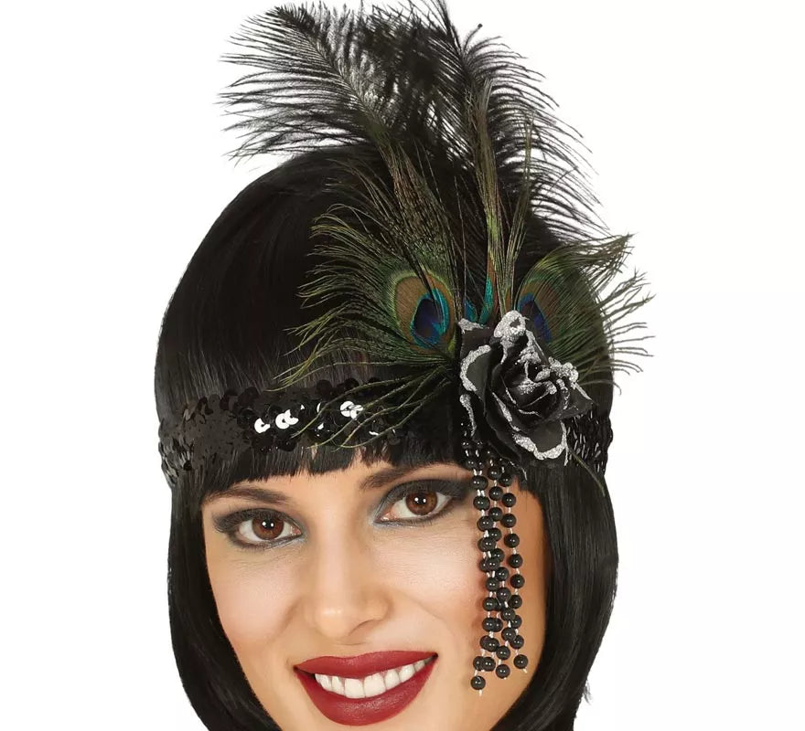 Cinta de Lentejuelas Negra con Plumas