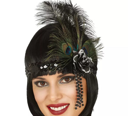Cinta de Lentejuelas Negra con Plumas